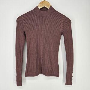 Guess Sweater Women XS Mauve Ribbed Mock Neck Button Long Sleeve Pullover y2k